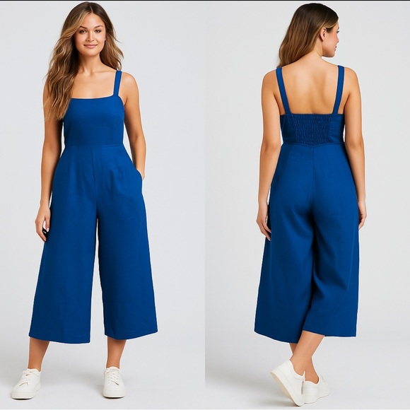 Cynthia Rowley 100% Linen Royal Blue Jumpsuit Wide Leg Palazzo Pockets Size 10 - Picture 1 of 8